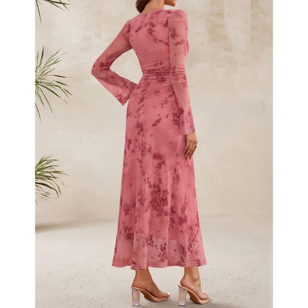 Zesica Women's Tie Dye Pink Ruched Mesh Long Sleeve Floral Bodycon Dress - Picture 5 of 6